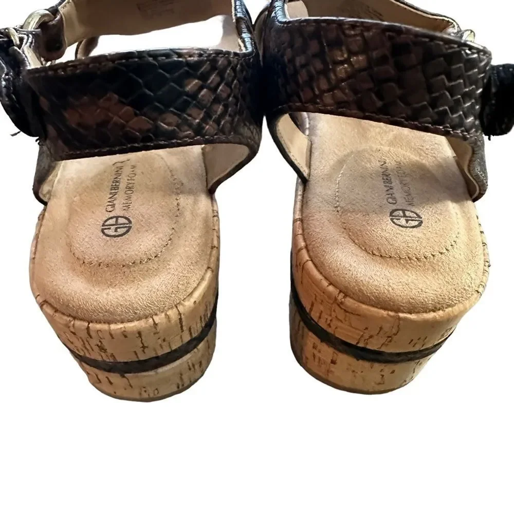 Gianni Bernini Terril Wedge Sandals Women 10M Brown Snakeskin Strappy Cork Heels